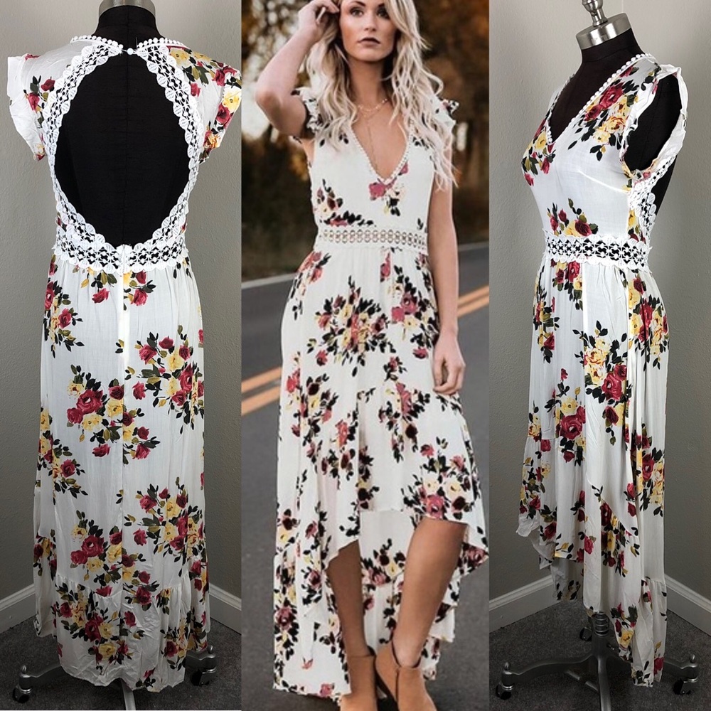 NWT White Floral Crochet Backless High Low Dress - Picture 1 of 7